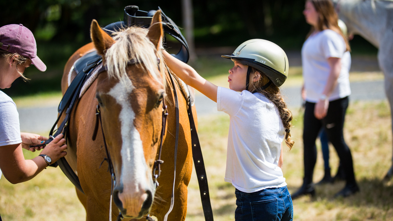 Girl saddles horse at summer camp
